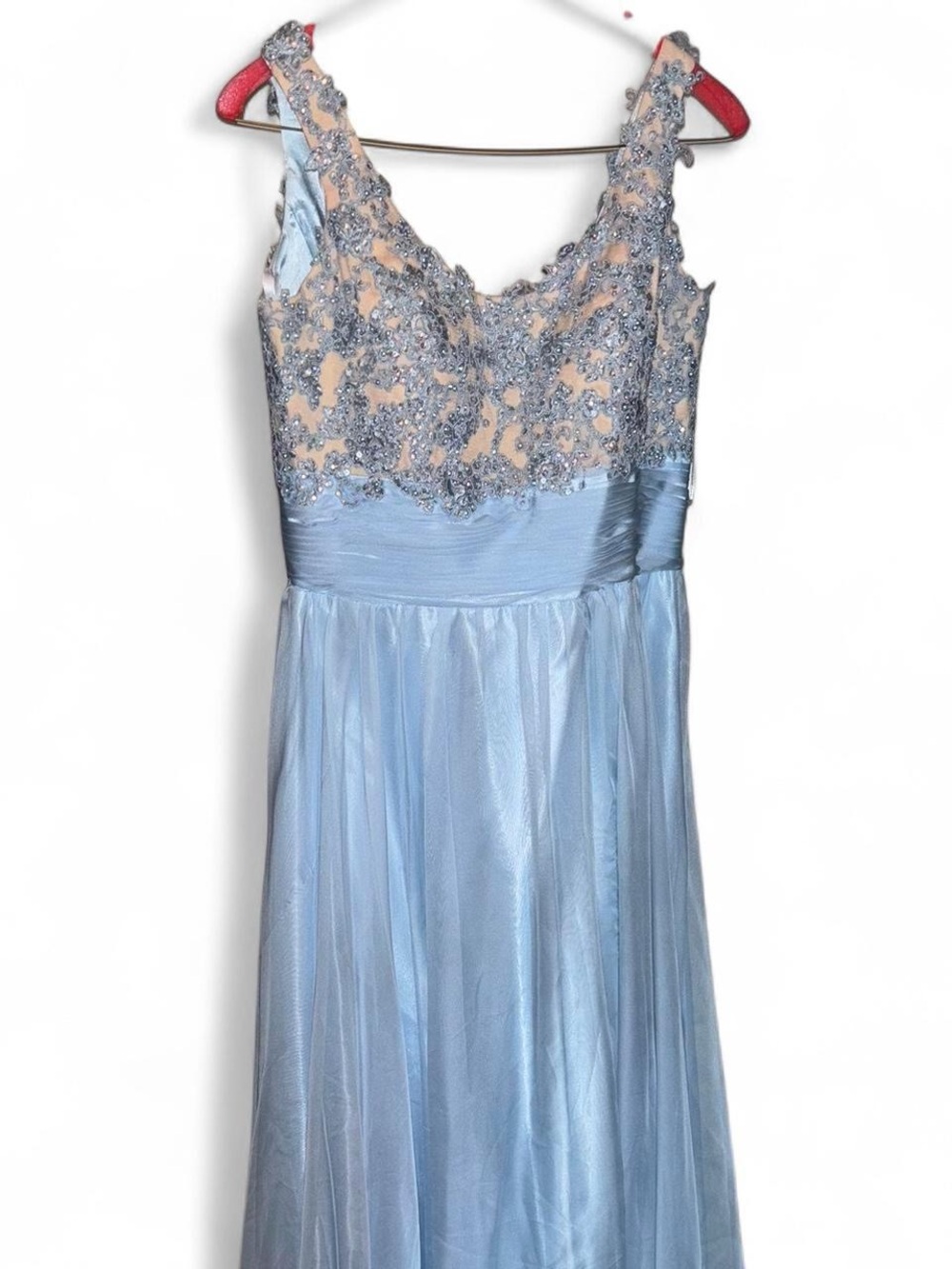 Elegant baby blue prom dress with lace and rhinestone details